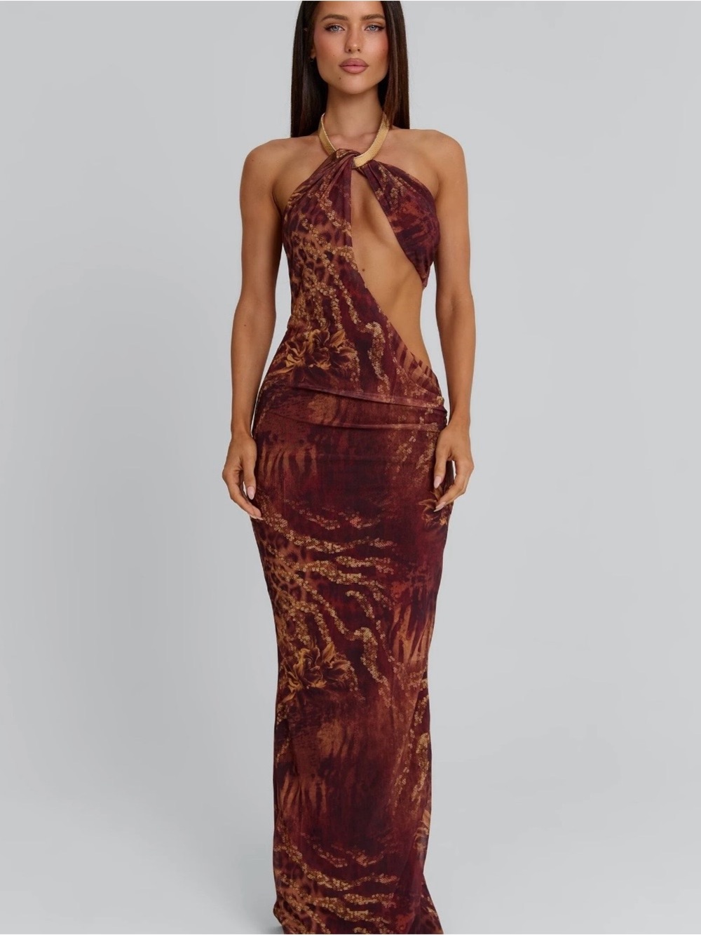 Adela Maxi Dress Rayella — Brown Tie-Dye Halter Maxi